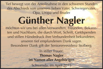 Traueranzeige von Günther Nagler von WVG - Wochenspiegel Quedlinburg