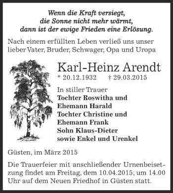 Traueranzeige von Karl-Heinz Arendt von Super Sonntag Bernburg