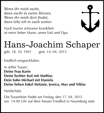 Traueranzeige von Hans-Joachim Schaper von Mitteldeutsche Zeitung Naumburg/Nebra