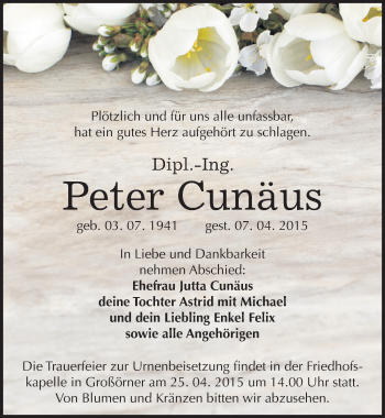 Traueranzeige von Peter Cunäus von Mitteldeutsche Zeitung Mansfelder Land