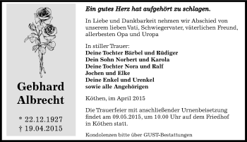 Traueranzeige von Gebhard Albrecht von Mitteldeutsche Zeitung Köthen