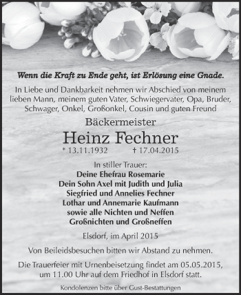 Traueranzeige von Heinz Fechner von WVG - Wochenspiegel Dessau / Köthen
