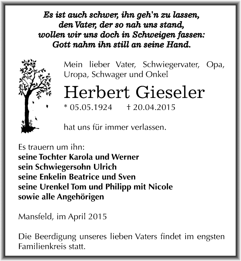  Traueranzeige für Herbert Gieseler vom 23.04.2015 aus Mitteldeutsche Zeitung Mansfelder Land