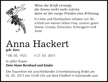 Traueranzeige von Anna Hackert von Mitteldeutsche Zeitung Halle/Saalkreis