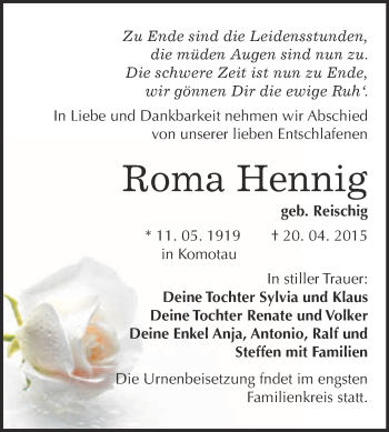 Traueranzeige von Roma Hennig von WVG - Wochenspiegel Bitterfeld