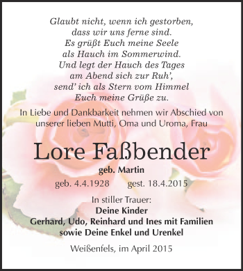 Traueranzeige von Lore Faßbender von Super Sonntag Merseburg
