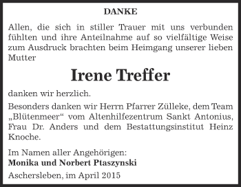 Traueranzeige von Irene Treffer von Super Sonntag Aschersleben