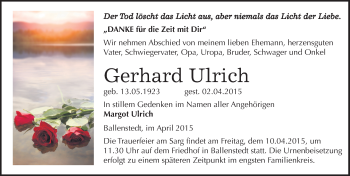 Traueranzeige von Gerhard Ulrich von Mitteldeutsche Zeitung Quedlinburg