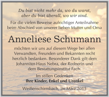 Traueranzeige von Anneliese Schumann von WVG - Wochenspiegel Merseburg
