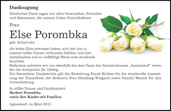 Traueranzeige von Else Porombka von Super Sonntag SGH Mansf. Land