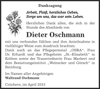 Traueranzeige von Dieter Oschmann von Super Sonntag Bernburg