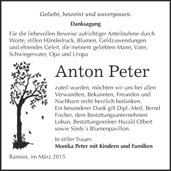 Traueranzeige von Anton Peter von WVG - Wochenspiegel Bitterfeld