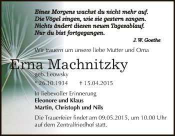 Traueranzeige von Erna Machnitzky von WVG - Wochenspiegel Dessau / Köthen