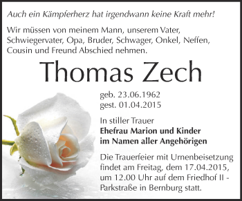 Traueranzeige von Thomas Zech von Super Sonntag Bernburg
