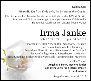 Traueranzeige von Irma Janke von Super Sonntag SGH Mansf. Land