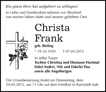 Traueranzeige von Christa Frank von Mitteldeutsche Zeitung Merseburg/Querfurt