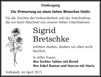 Traueranzeige von Sigrid Bretschke von Mitteldeutsche Zeitung Mansfelder Land