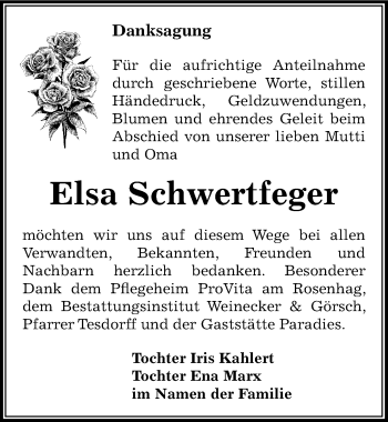 Traueranzeige von Elsa Schwertfeger von Mitteldeutsche Zeitung Bernburg