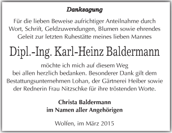Traueranzeige von Karl-Heinz Baldermann von WVG - Wochenspiegel Bitterfeld