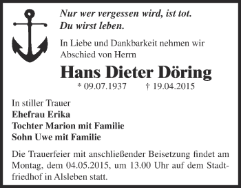 Traueranzeige von Hans Dieter Döring von Super Sonntag Bernburg