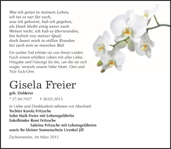 Traueranzeige von Gisela Freier von WVG - Wochenspiegel Wittenberg