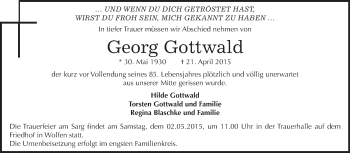 Traueranzeige von Georg Gottwald von WVG - Wochenspiegel Bitterfeld