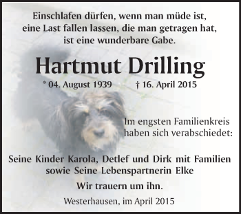 Traueranzeige von Hartmut Drilling von WVG - Wochenspiegel Quedlinburg