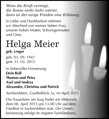Traueranzeige von Helga Meier von Mitteldeutsche Zeitung Aschersleben