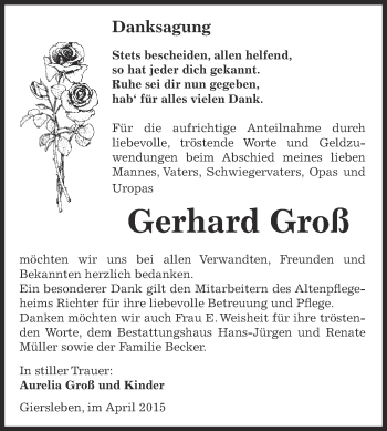 Traueranzeige von Gerhard Groß von Super Sonntag Aschersleben