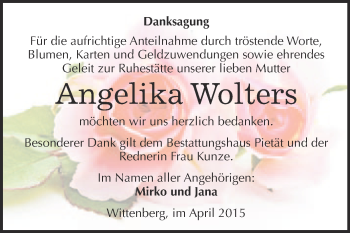 Traueranzeige von Angelika Wolters von Super Sonntag Wittenberg