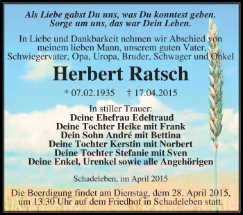 Traueranzeige von Herbert Ratsch von Super Sonntag Aschersleben