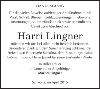 Traueranzeige von Harri Lingner von WVG - Wochenspiegel Wittenberg