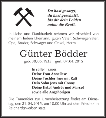 Traueranzeige von Günter Bödder von WVG - Wochenspiegel NMB / WSF / ZTZ