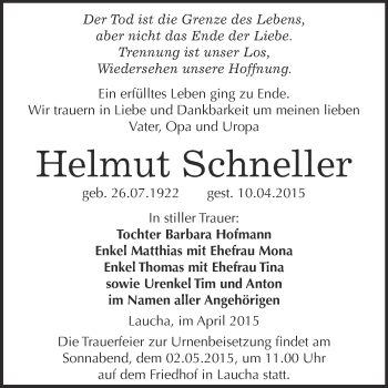 Traueranzeige von Helmut Schneller von WVG - Wochenspiegel NMB / WSF / ZTZ