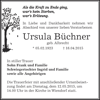 Traueranzeige von Ursula Büchner von Super Sonntag Bernburg