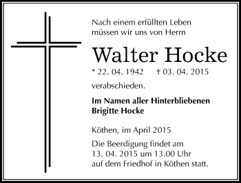 Traueranzeige von Walter Hocke von Mitteldeutsche Zeitung Köthen