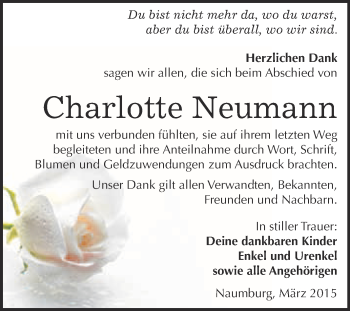 Traueranzeige von Charlotte Neumann von WVG - Wochenspiegel NMB / WSF / ZTZ