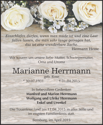 Traueranzeige von Marianne Herrmann von Super Sonntag Bernburg