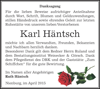 Traueranzeige von Karl Häntsch von Super Sonntag Bernburg