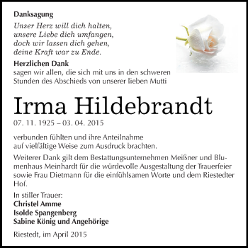 Traueranzeige von Irma Hildebrandt von Super Sonntag SGH Mansf. Land