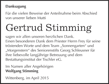 Traueranzeige von Gertrud Stimming von WVG - Wochenspiegel Wittenberg