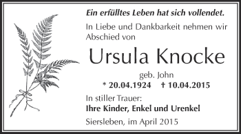 Traueranzeige von Ursula Knocke von Wochenspiegel Mansfelder Land