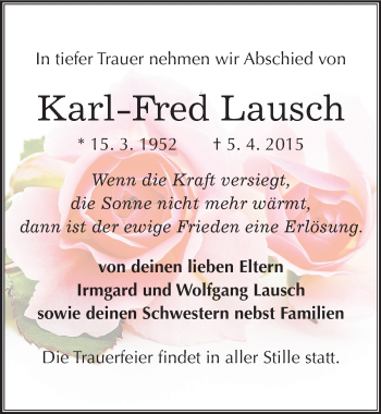 Traueranzeige von Karl-Fred Lausch von Mitteldeutsche Zeitung Weißenfels