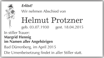 Traueranzeige von Helmut Protzner von Super Sonntag Merseburg