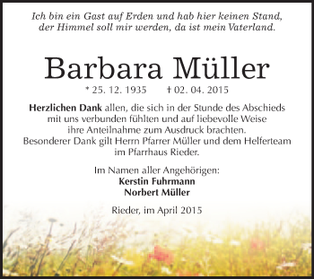 Traueranzeige von Barbara Müller von WVG - Wochenspiegel Quedlinburg