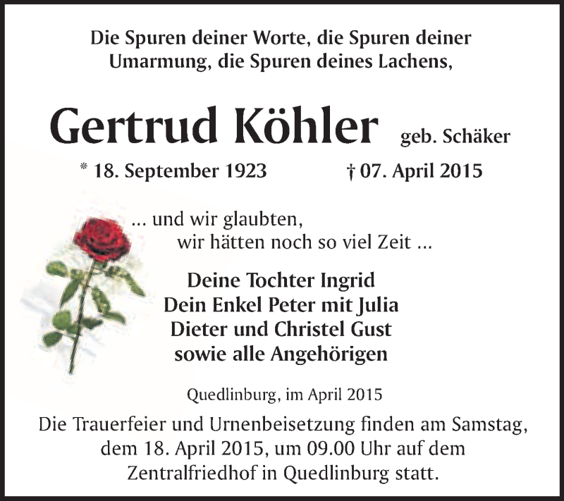  Traueranzeige für Gertrud Köhler vom 12.04.2015 aus WVG - Wochenspiegel Quedlinburg