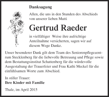 Traueranzeige von Gertrud Raeder von Super Sonntag Quedlinburg