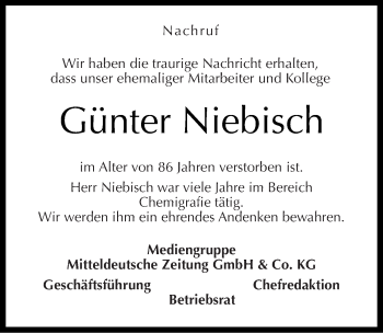 Traueranzeige von Günter Niebisch von Mitteldeutsche Zeitung Halle/Saalkreis