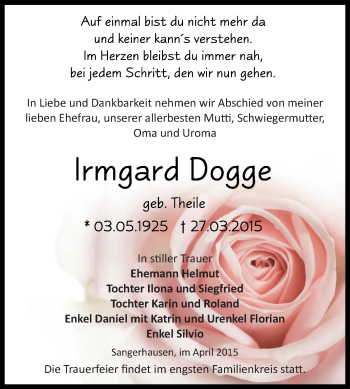 Traueranzeige von Irmgard Dogge von Super Sonntag SGH Mansf. Land