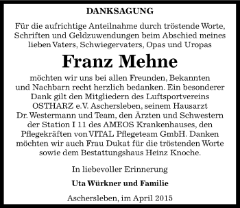 Traueranzeige von Franz Mehne von Mitteldeutsche Zeitung Aschersleben